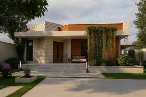 Exterior view of Inner Haven villa blending with natural landscape, representing human-centered architecture"