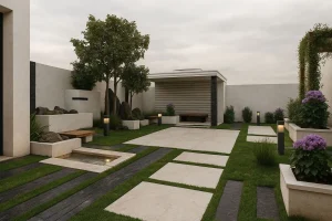 Entrance of Inner Haven villa featuring natural wood and stone, showcasing Mind-Coded Design principles