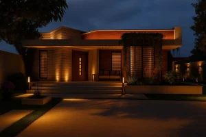 "Minimalist living room of Inner Haven with soft lighting and clean geometry for a calming atmosphere"