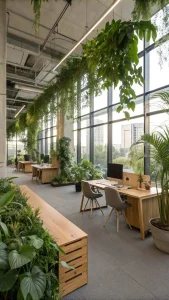 Workspace with natural light and biophilic design elements