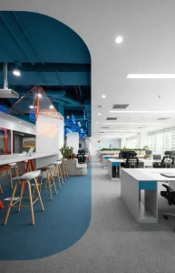 “Digital workspace with smart desks, conference room technology, and collaborative environment”