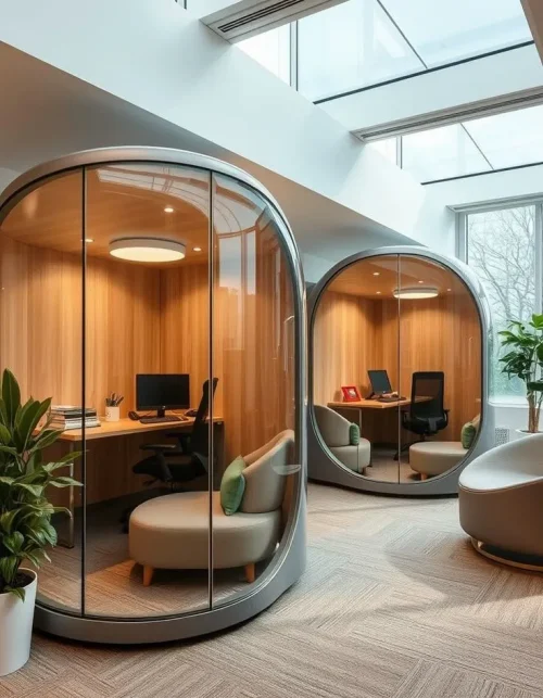 "Modern multi-functional interior space with movable walls and modular furniture"
