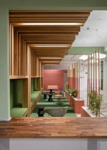 "Eco-friendly interior using recycled materials and smart ventilation system"
