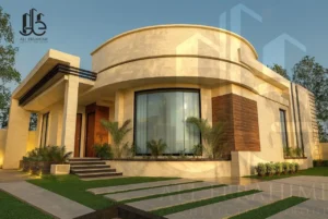Modern single-story villa with curved façade and horizontal canopy