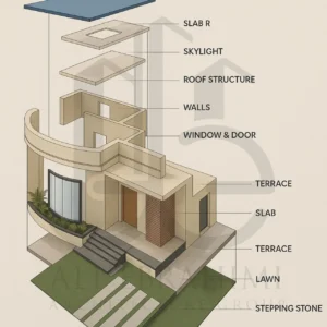 Architectural perspective with planters connecting building to nature