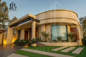 Design details showing wood accents and horizontal strips on villa