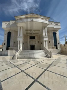 Villa exterior highlighting composite geometry with cube and curved volumes