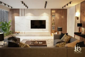 "3D render of contemporary kitchen with elegant materials and functional layout — Haven Interior"