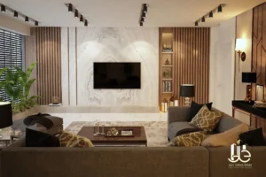 "Modern living room interior design with minimalist furniture and natural lighting — Haven Interior project"