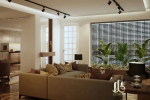 "Spacious bedroom with warm tones, cozy atmosphere, and modern interior design details"