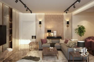 "Residential interior design project showing open-plan living and harmonious spatial arrangement"