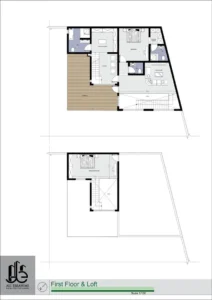 Evening exterior view highlighting architectural lighting and textures.