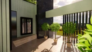 Modern dining area adjacent to large panoramic windows.