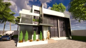 Exterior cladding process with stone and brick materials.