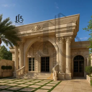 alt="Grand double staircase and monumental entrance of The Corinthian Residence, showcasing timeless classical proportions and symmetry."