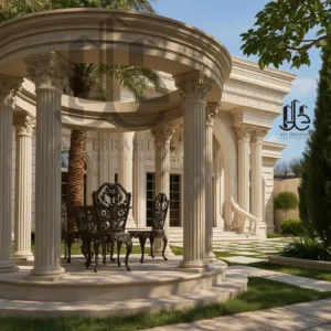 alt="Rotunda pavilion and formal garden of The Corinthian Residence – outdoor ceremonial architecture blending geometry and light."
