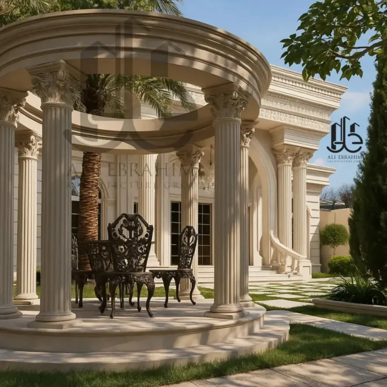 alt="Rotunda pavilion and formal garden of The Corinthian Residence – outdoor ceremonial architecture blending geometry and light."