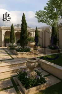 alt="Night view of The Corinthian Residence illuminated with 2700K warm lighting highlighting columns and façade details."