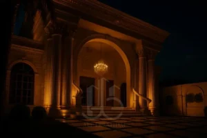 alt="Aerial view of The Corinthian Residence in Khonj, South of Fars – classical villa surrounded by formal landscape design."