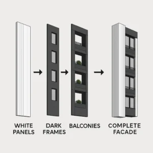 Facade of Linea Tower in Shiraz with Vertical-Line Design and Rhythmic White Panels
