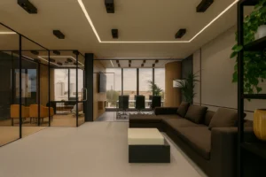 Open workspace with linear lighting and sleek office furniture