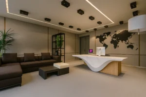 Workspace layout emphasizing trust, authority, and professionalism